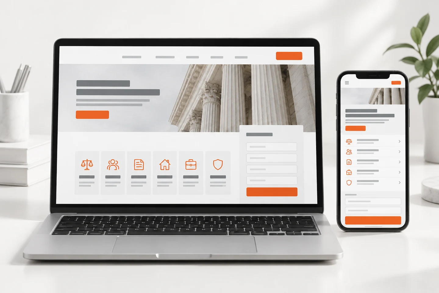 AI-generated mockup showing Mockup: a law firm website on a laptop and a phone side by side, practice-area menu and a short enquiry form visible, placeholder text only, no real firm name