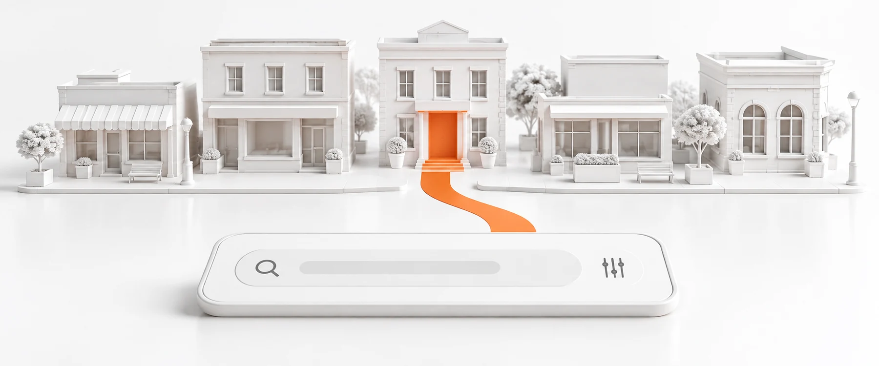 AI-generated model: a white miniature Australian main street with small office buildings, one with an orange doorway and a path leading from a phone-shaped search bar to its door