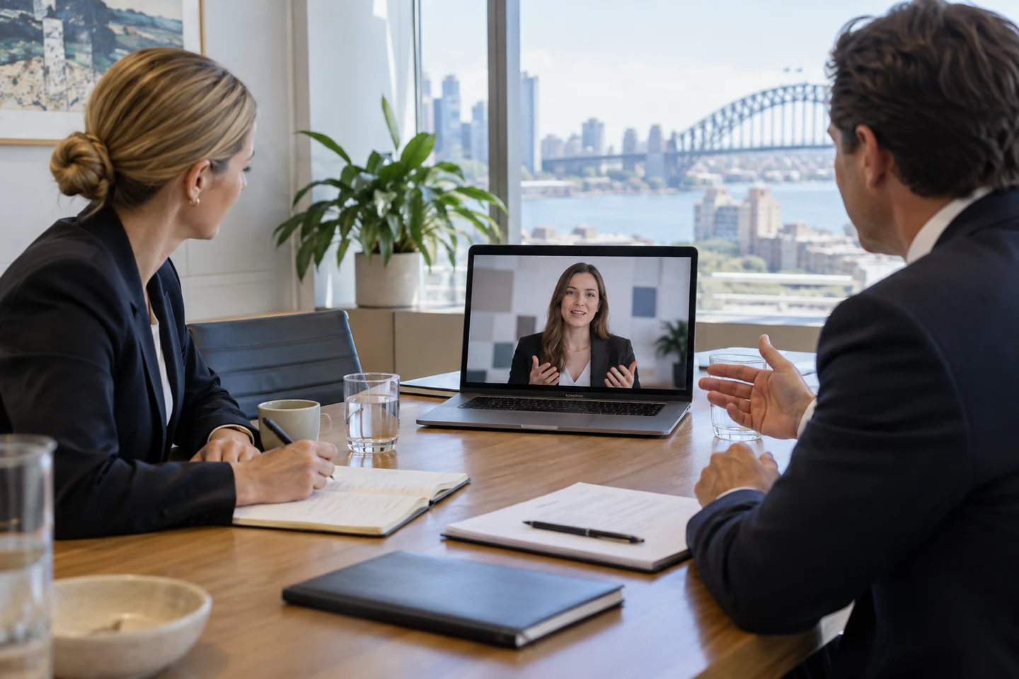 AI-generated photo showing A FactoryJet strategist on a video call with two Australian solicitors in a meeting room, the laptop screen facing the solicitors, notes on the table