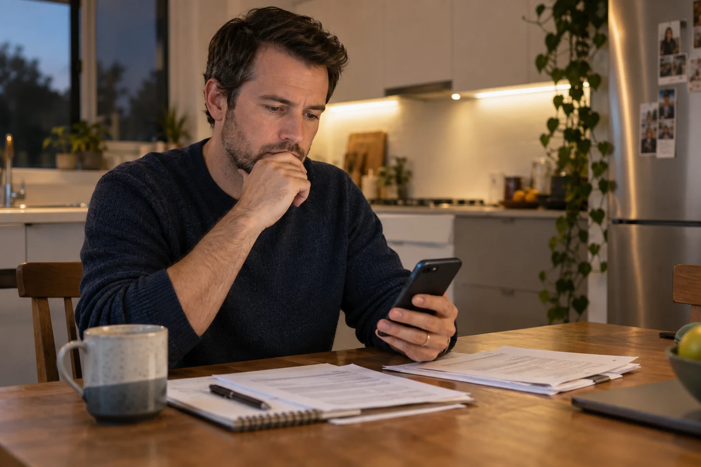 AI-generated photo showing A man at his kitchen table in the evening searching for a family lawyer on his phone, which faces him, documents beside him