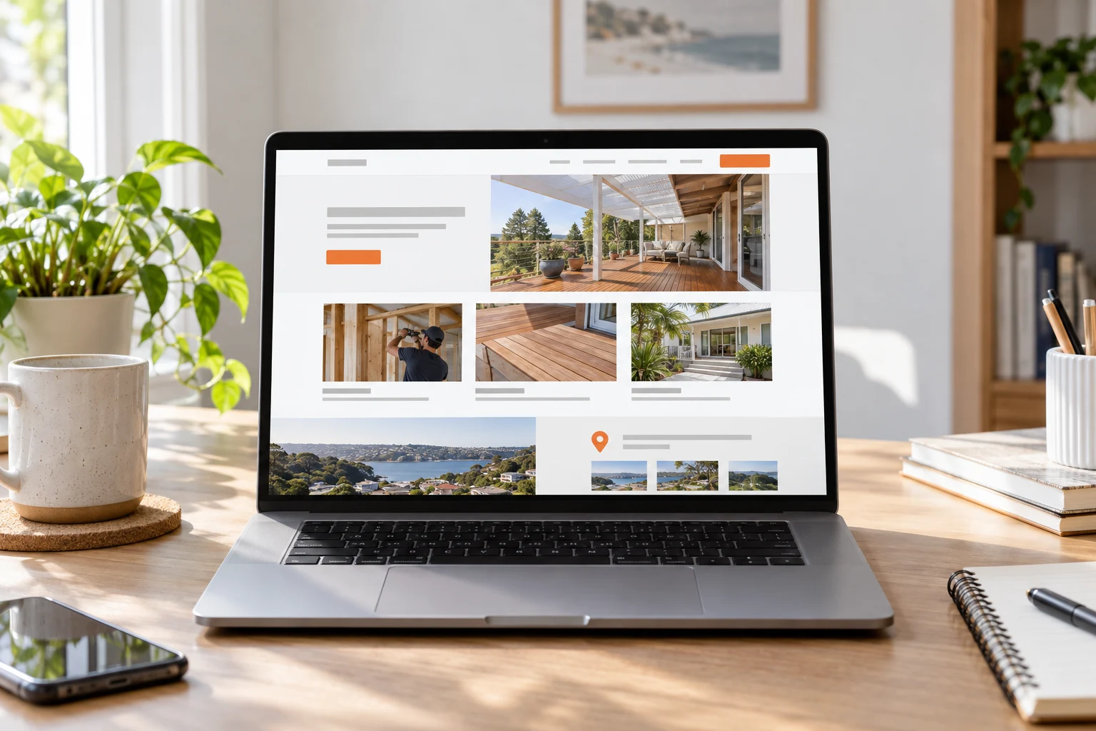 AI-generated mockup showing A laptop on a desk in an Australian home office showing a clean service page with job photos and a short suburb section, screen facing the viewer's seat, no readable text