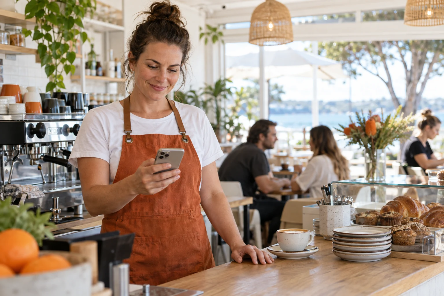 AI-generated photo showing An Australian café owner behind her counter checking her business listing on a phone held towards her, customers in soft focus, no readable text on the screen