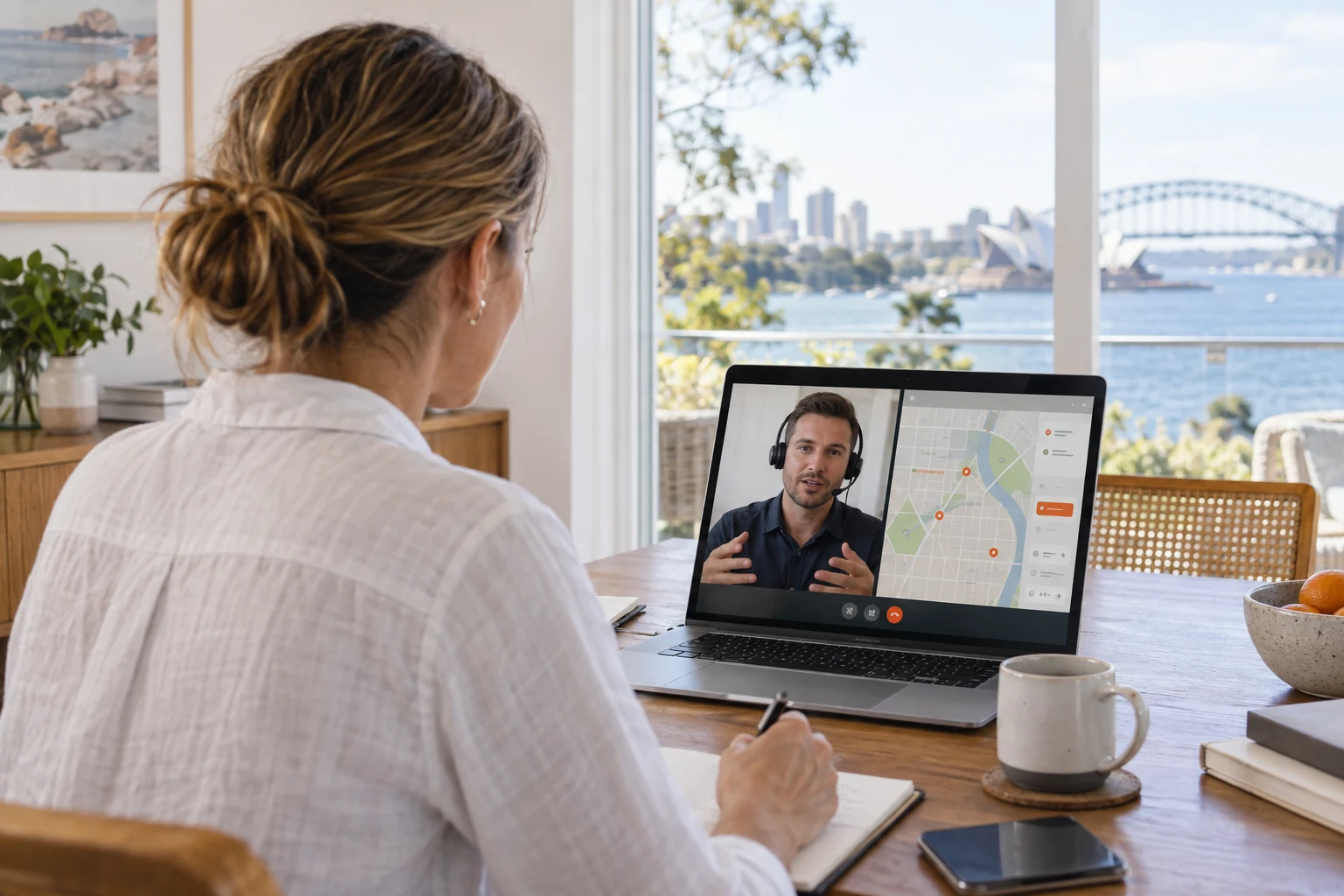 AI-generated photo showing A FactoryJet specialist on a video call with an Australian business owner, both looking at their own screens showing a map grid, screens facing each person, no readable text