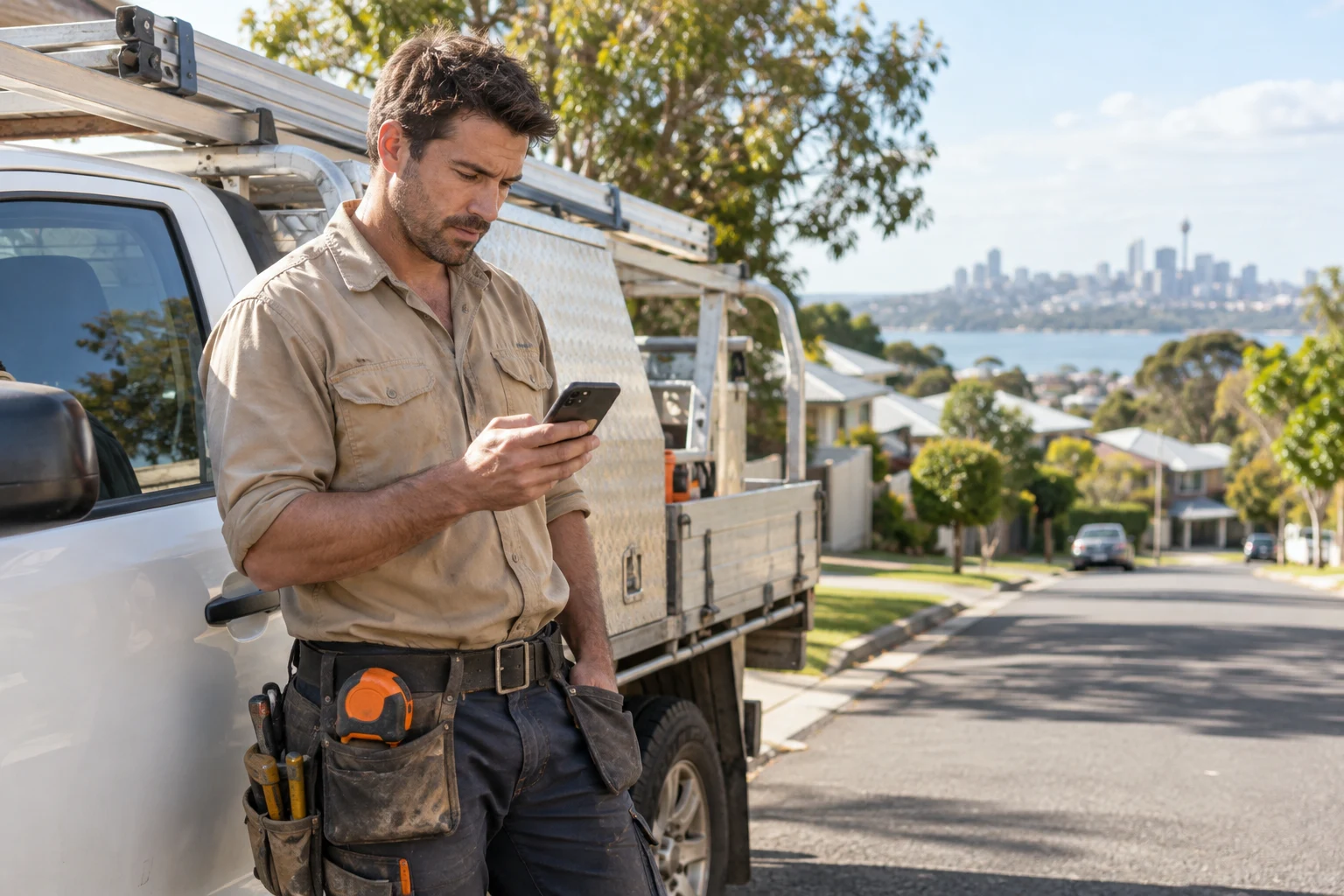 AI-generated photo showing A tradie in work gear standing beside his ute on an Australian suburban street, looking at a map search on his phone, screen facing him, no readable text