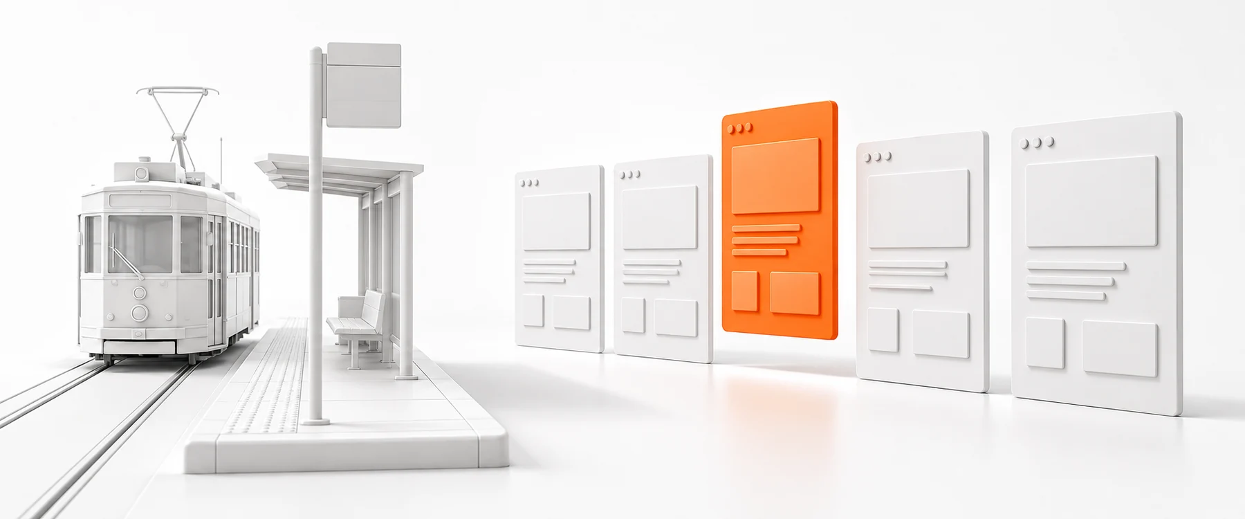 AI-generated model: a white Melbourne tram-stop sign beside a row of white website page cards, one card lifted in orange