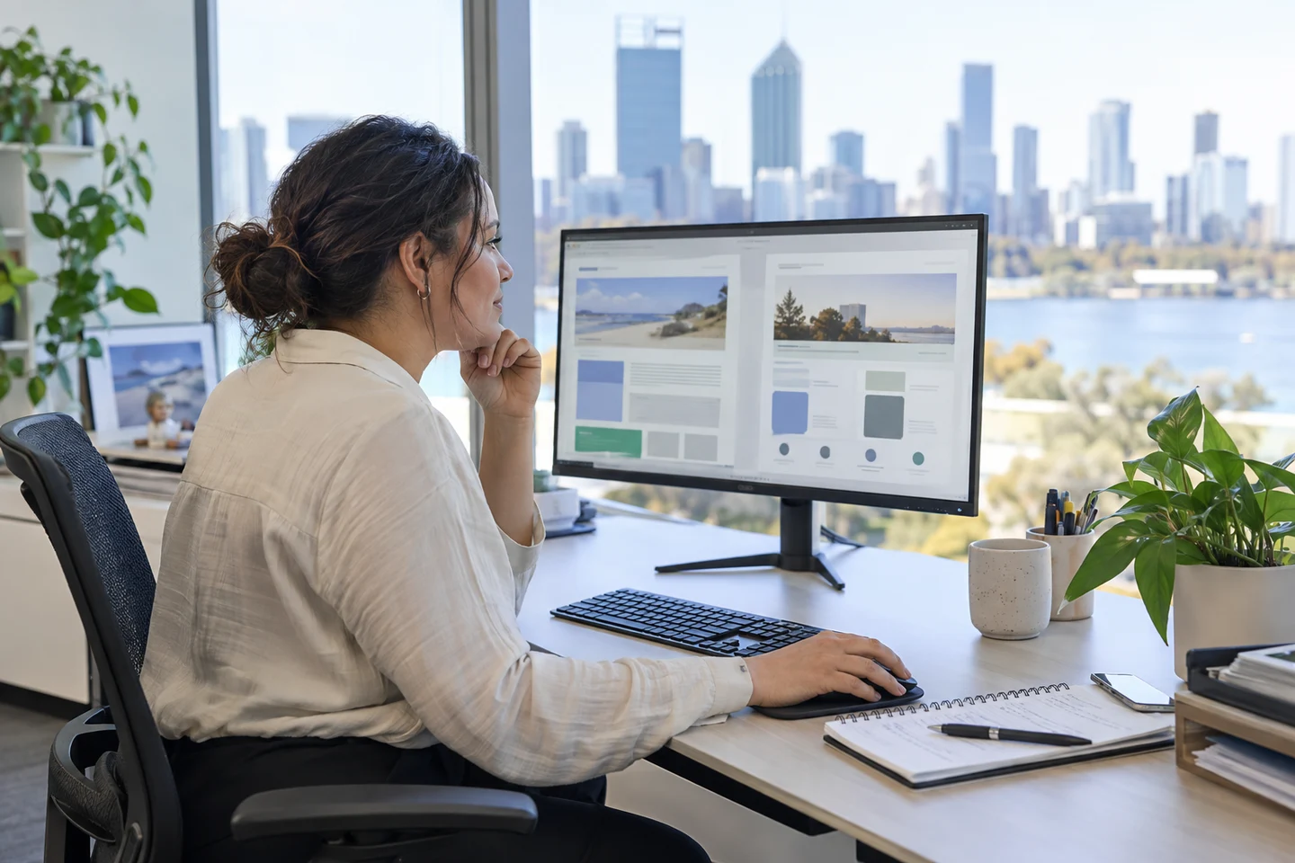 AI-generated photo showing A support coordinator in a Perth office comparing two provider websites on her monitor, which faces her, with a notepad beside the keyboard, no text or logos readable