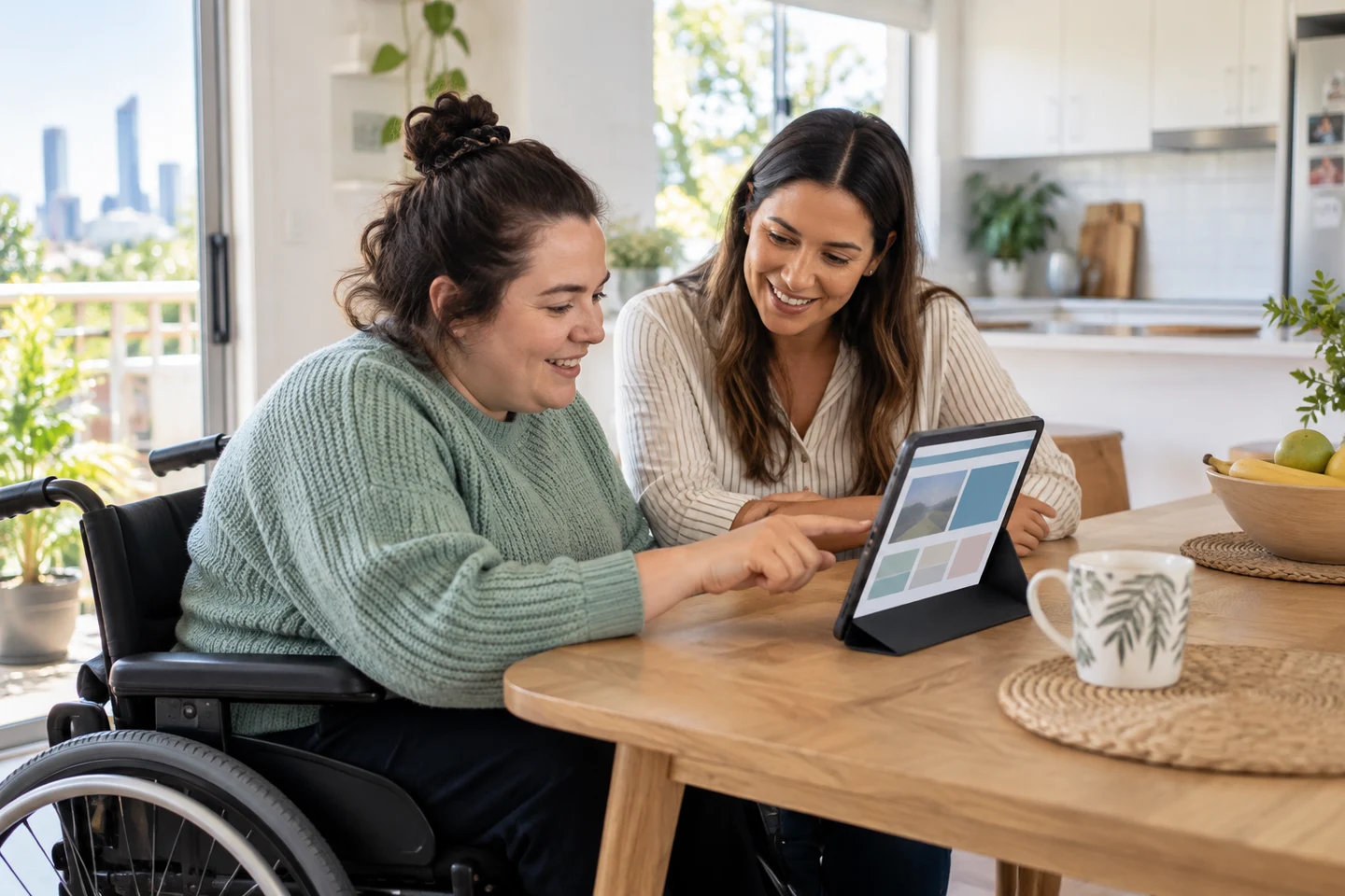 AI-generated photo showing A support coordinator and a participant in a wheelchair at a kitchen table in a Brisbane home, both looking at a provider website on a tablet that faces them, natural light, no text or logos visible