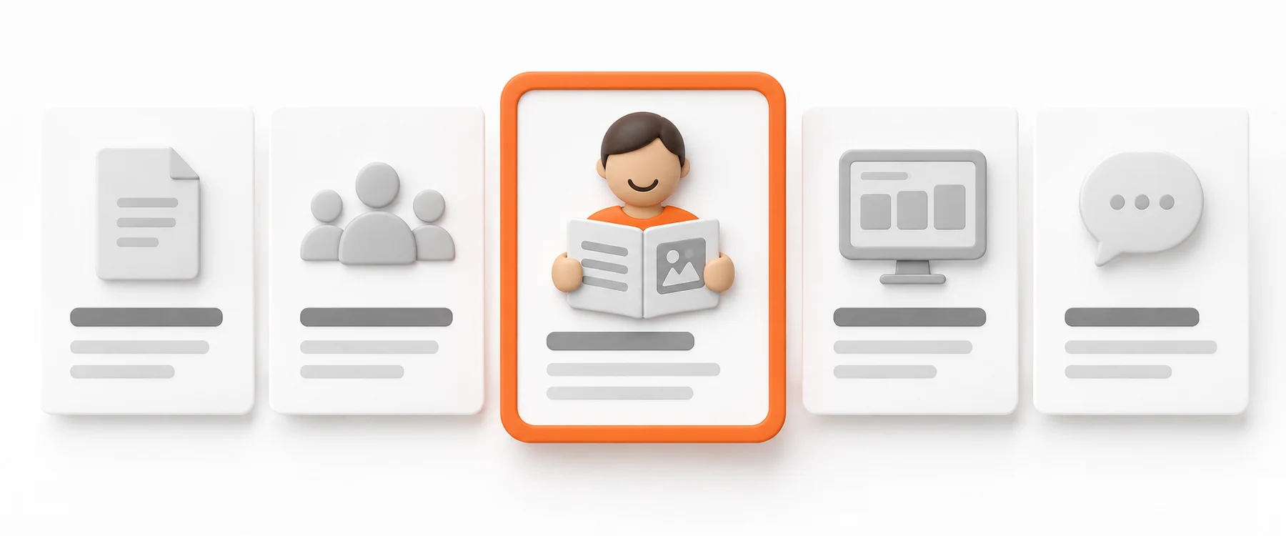 AI-generated model: a row of white web page cards, one with an oversized orange focus ring and an Easy Read pictogram, on a plain white surface
