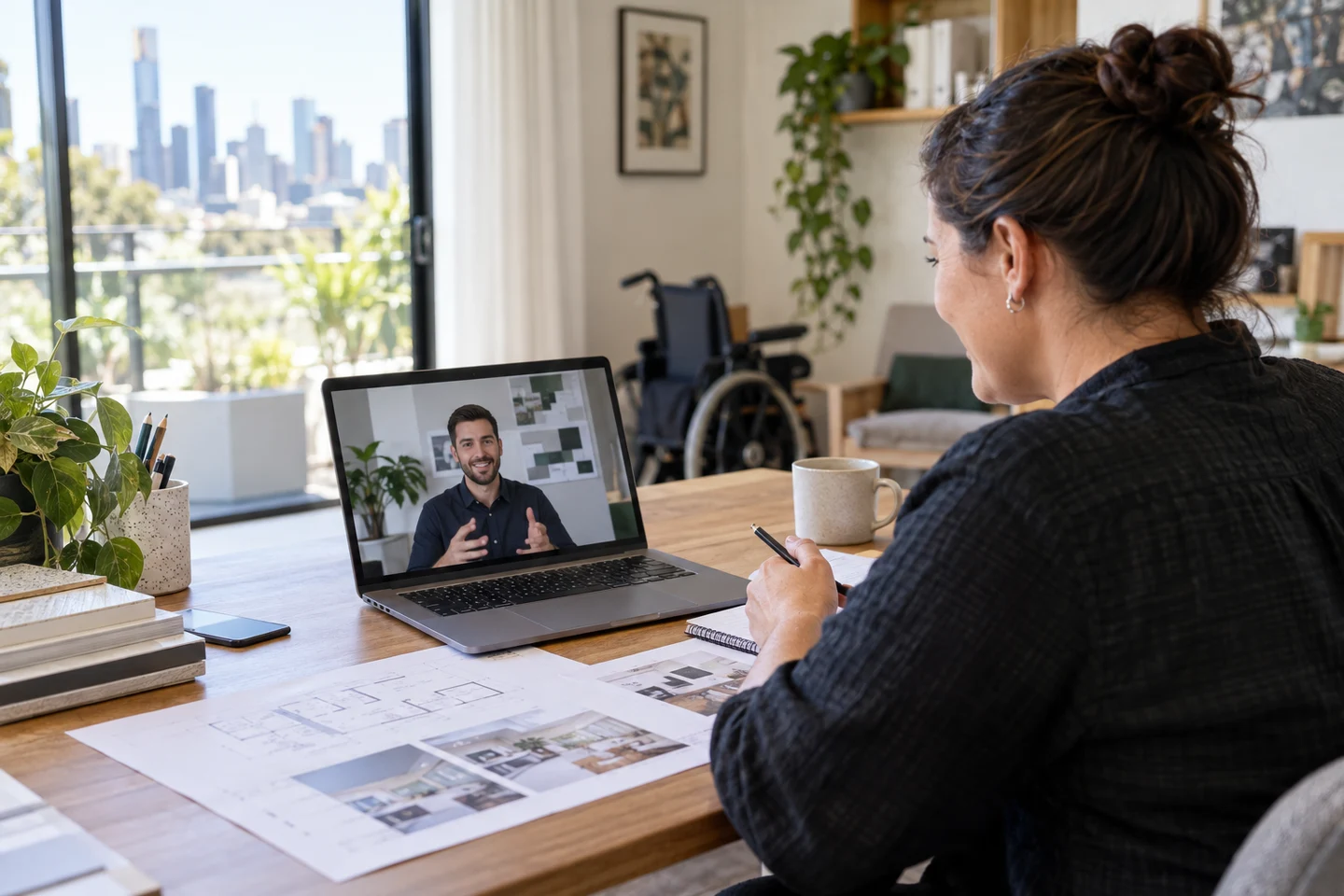 AI-generated photo showing A FactoryJet designer on a video call with the owner of a Melbourne NDIS provider, the owner at her desk looking at a laptop that faces her, printed page plans on the desk, no text or logos readable