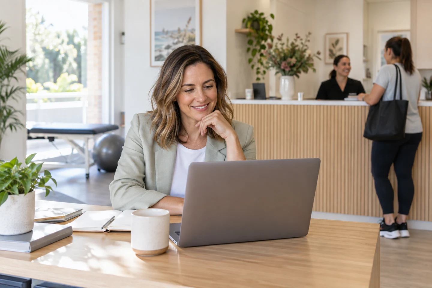 AI-generated photo showing An allied health practice owner in a bright Adelaide clinic reception reviewing her website on a laptop that faces her, a client chatting with the receptionist in the background, no text or logos visible