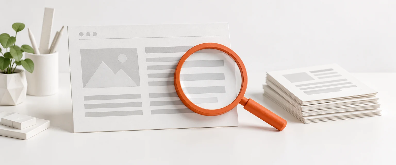 AI-generated model: a white website page on a workbench, an orange magnifying glass over it and a short stack of printed drafts beside it