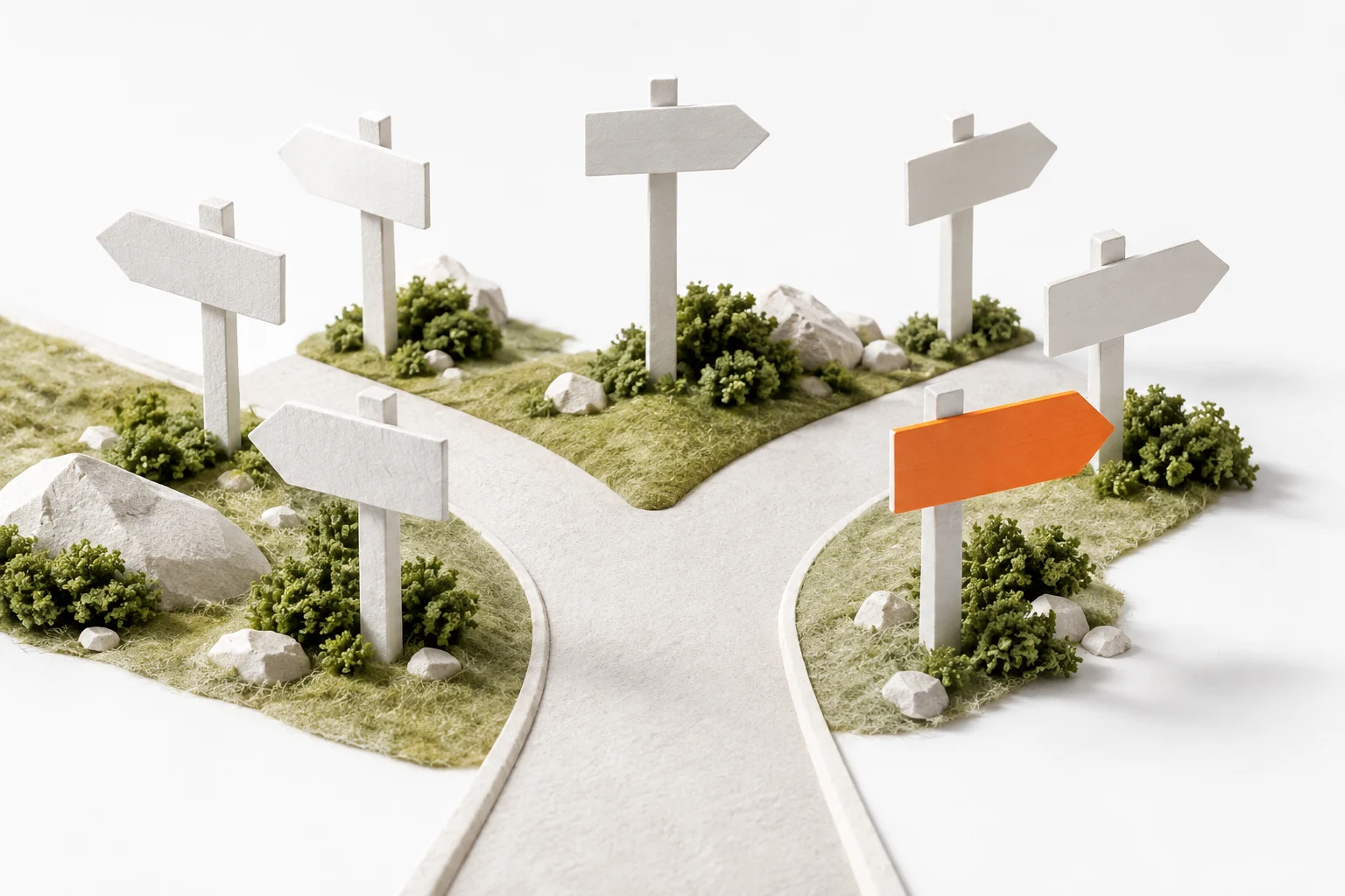 AI-generated model: seven white signposts at a fork, one orange sign pointing to the right kind of SEO help