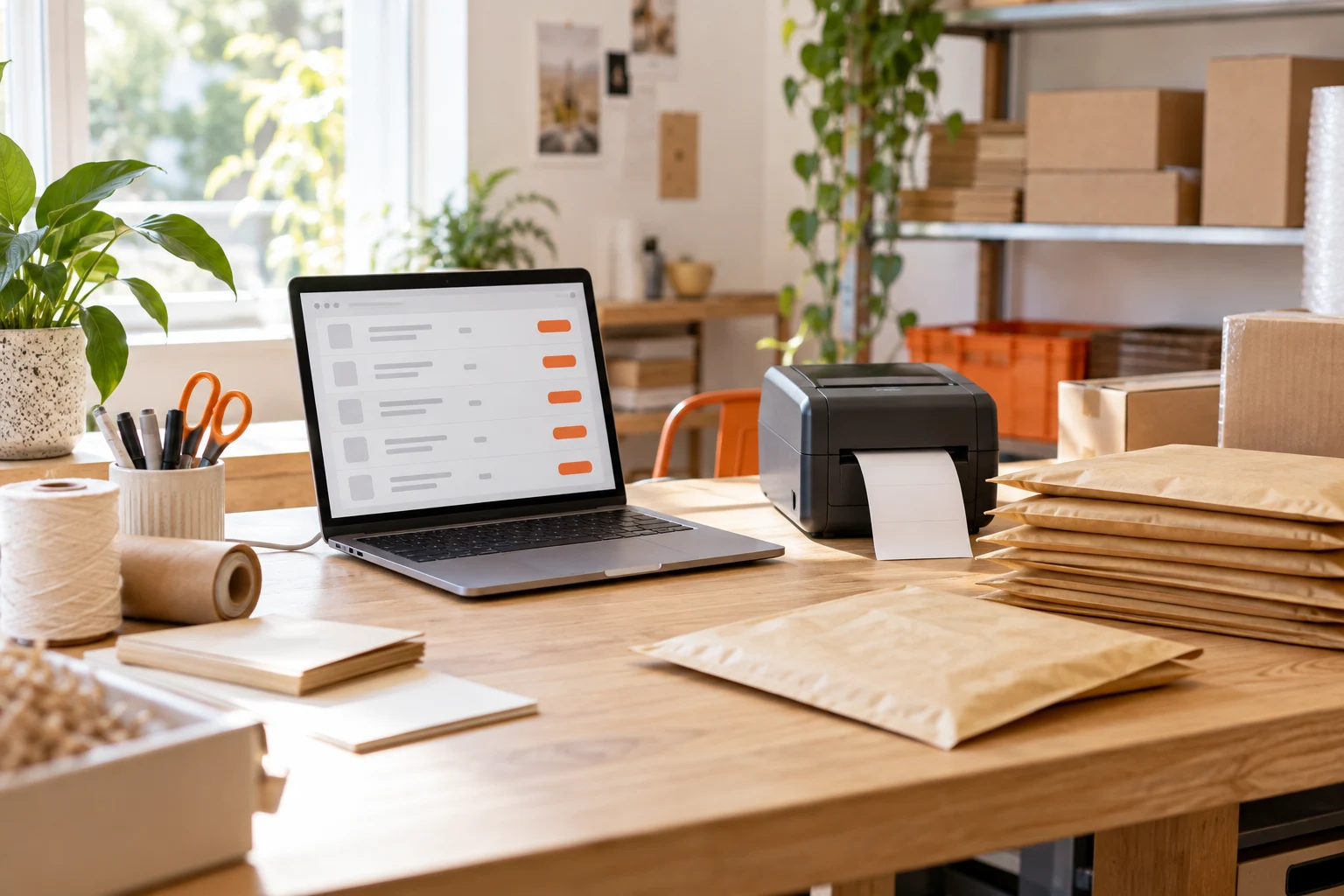 AI-generated photo showing An online store dispatch desk with an order dashboard on a laptop, a label printer and courier satchels