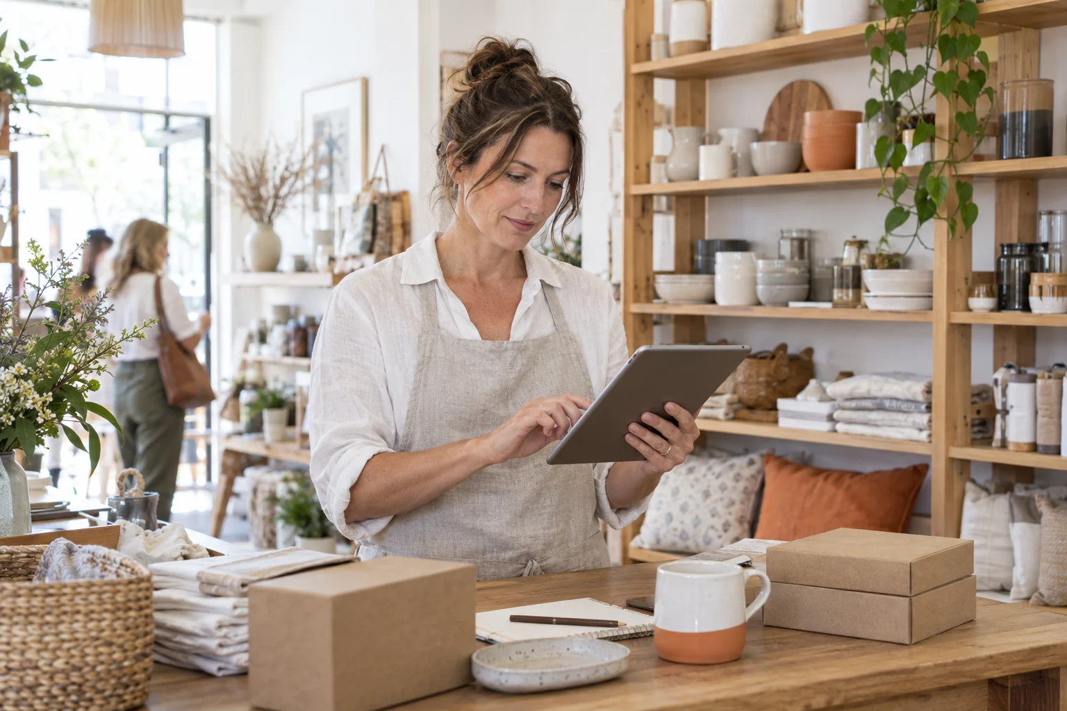 AI-generated photo showing A homewares boutique owner reordering stock from a wholesale supplier's trade store on a tablet at her shop counter