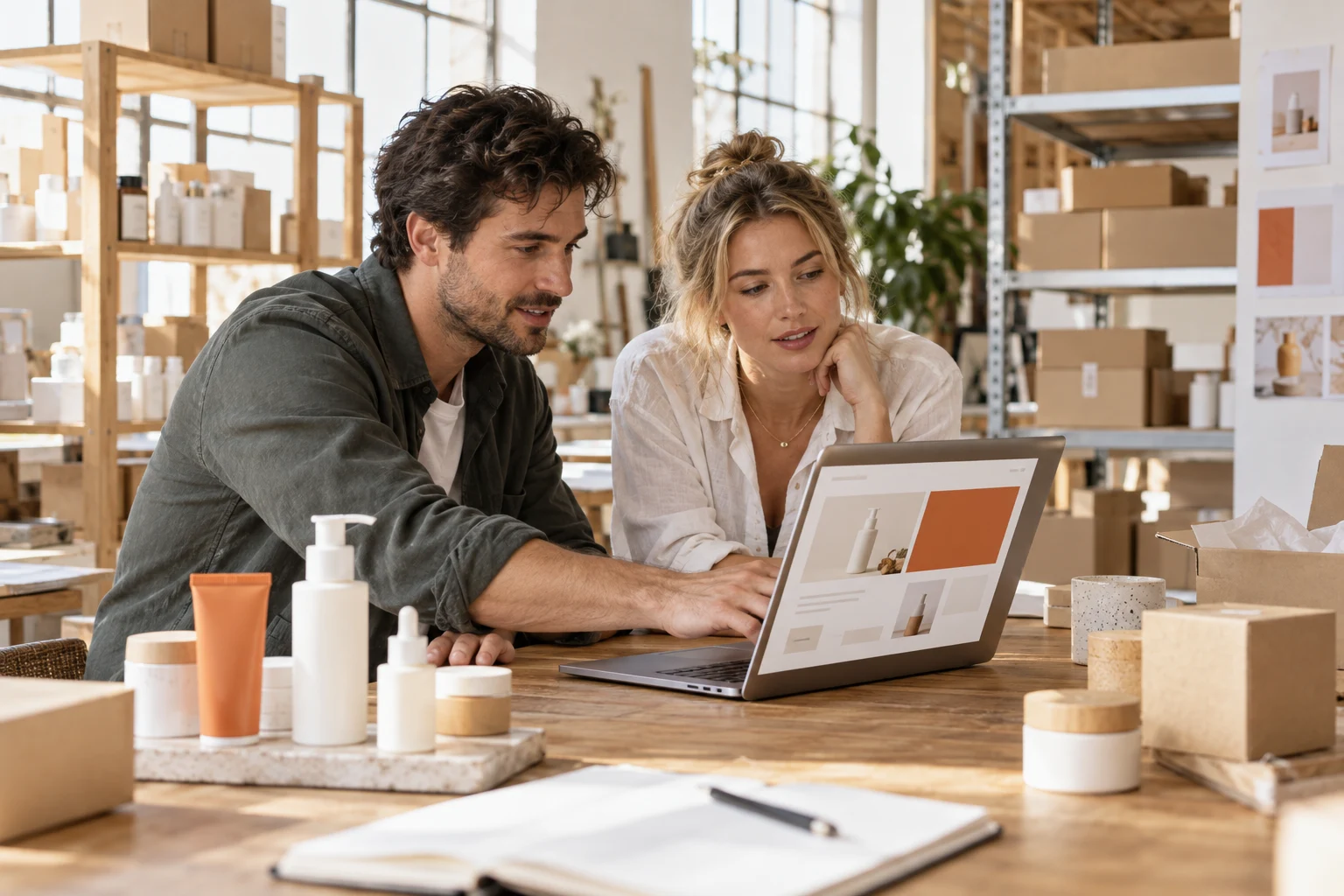 AI-generated photo showing A Shopify developer and a skincare brand founder reviewing her new store on his laptop in their warehouse studio
