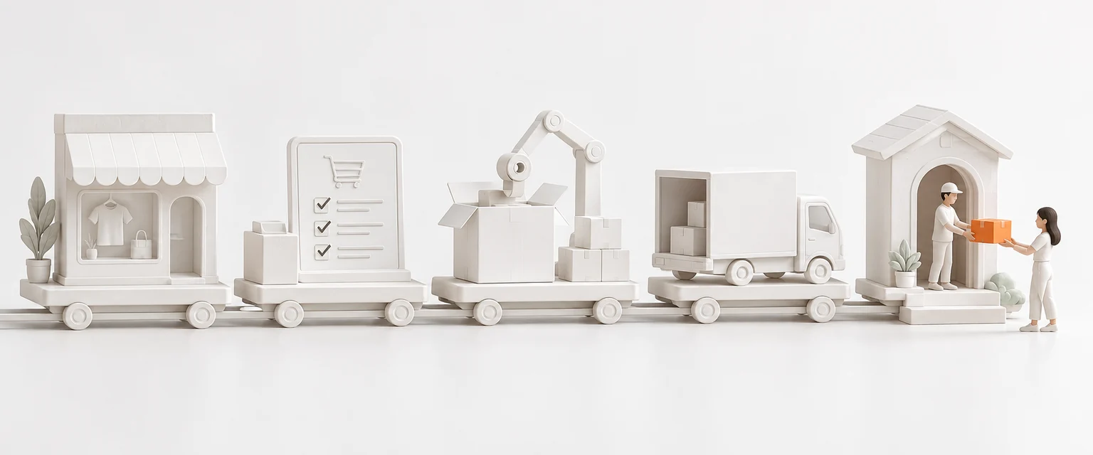AI-generated model: a white Shopify storefront on a rail moving through five stations, the last one handing an orange parcel to a small human figure