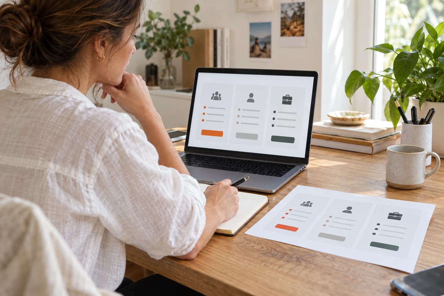 AI-generated photo showing A brand founder at her desk comparing a short list of Shopify agencies, freelancers and an in-house job ad