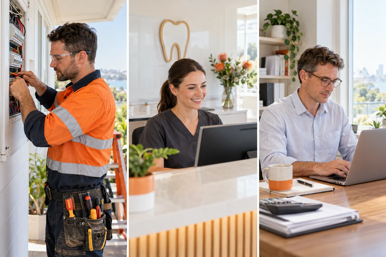 AI-generated photo showing A collage-style photo of three Australian small business owners at work: an electrician, a dentist at reception and an accountant at a desk, screens facing the people using them, no text or logos