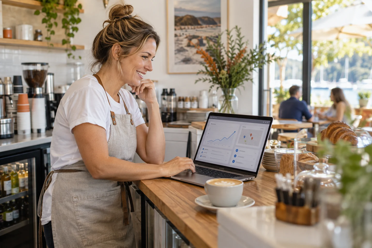 AI-generated photo showing The owner of a small Australian cafe or trade business at a counter, looking at her Google Business Profile and website enquiries on a laptop that faces her, no text or logos visible