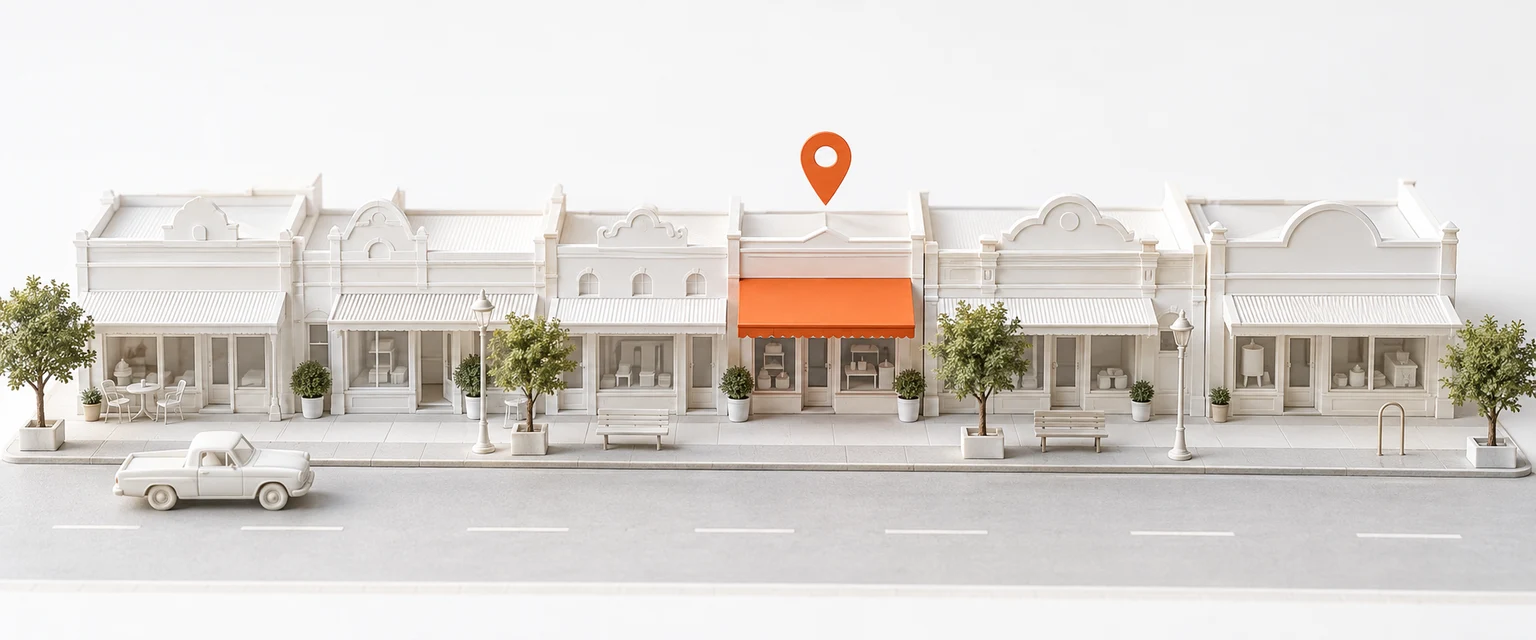 AI-generated model: a row of small white shopfronts along an Australian high street, one with an orange awning and a small map pin above it