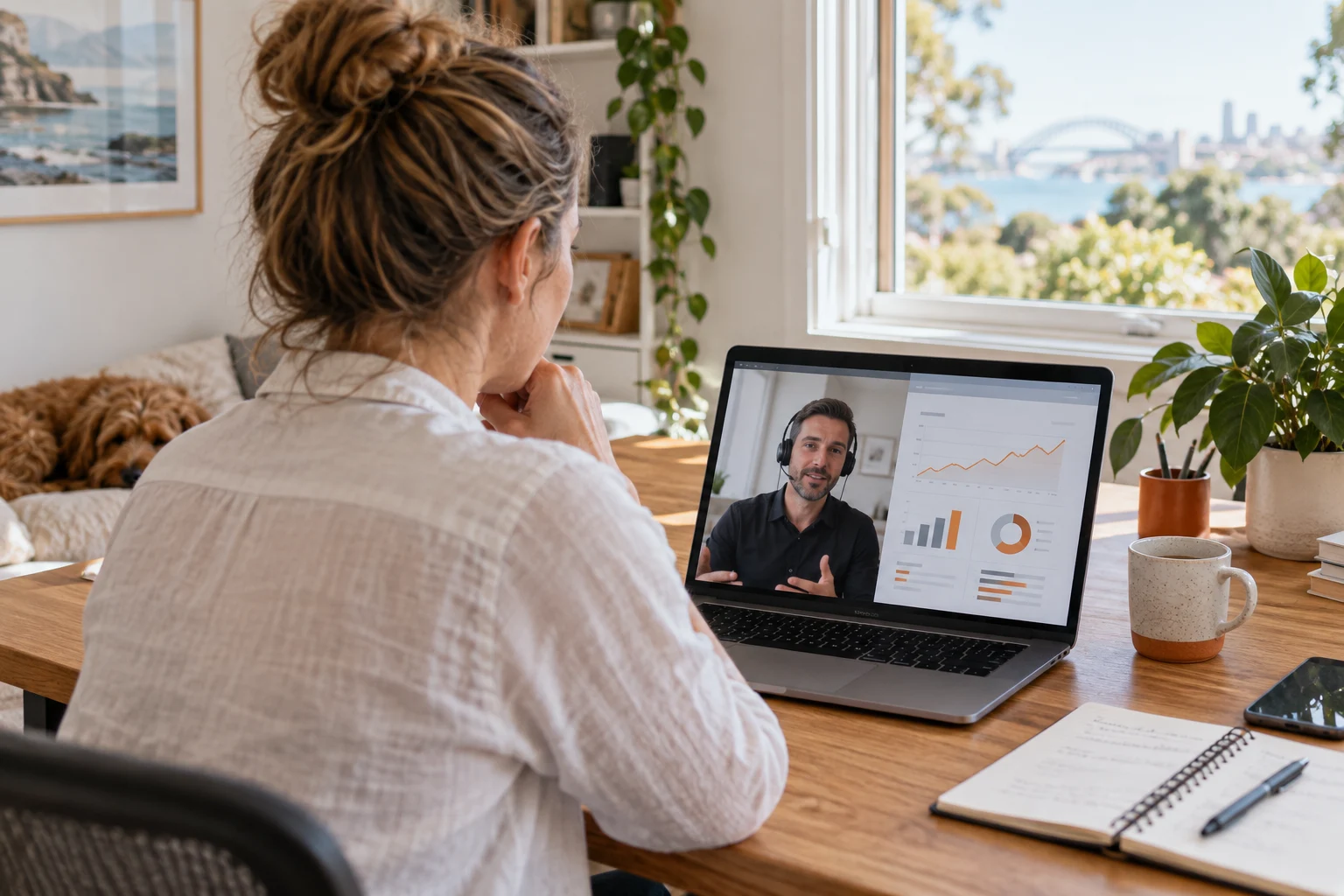 AI-generated photo showing A small business owner in an Australian home office on a video call with a FactoryJet SEO specialist, both looking at a shared search report on the laptop screen facing her