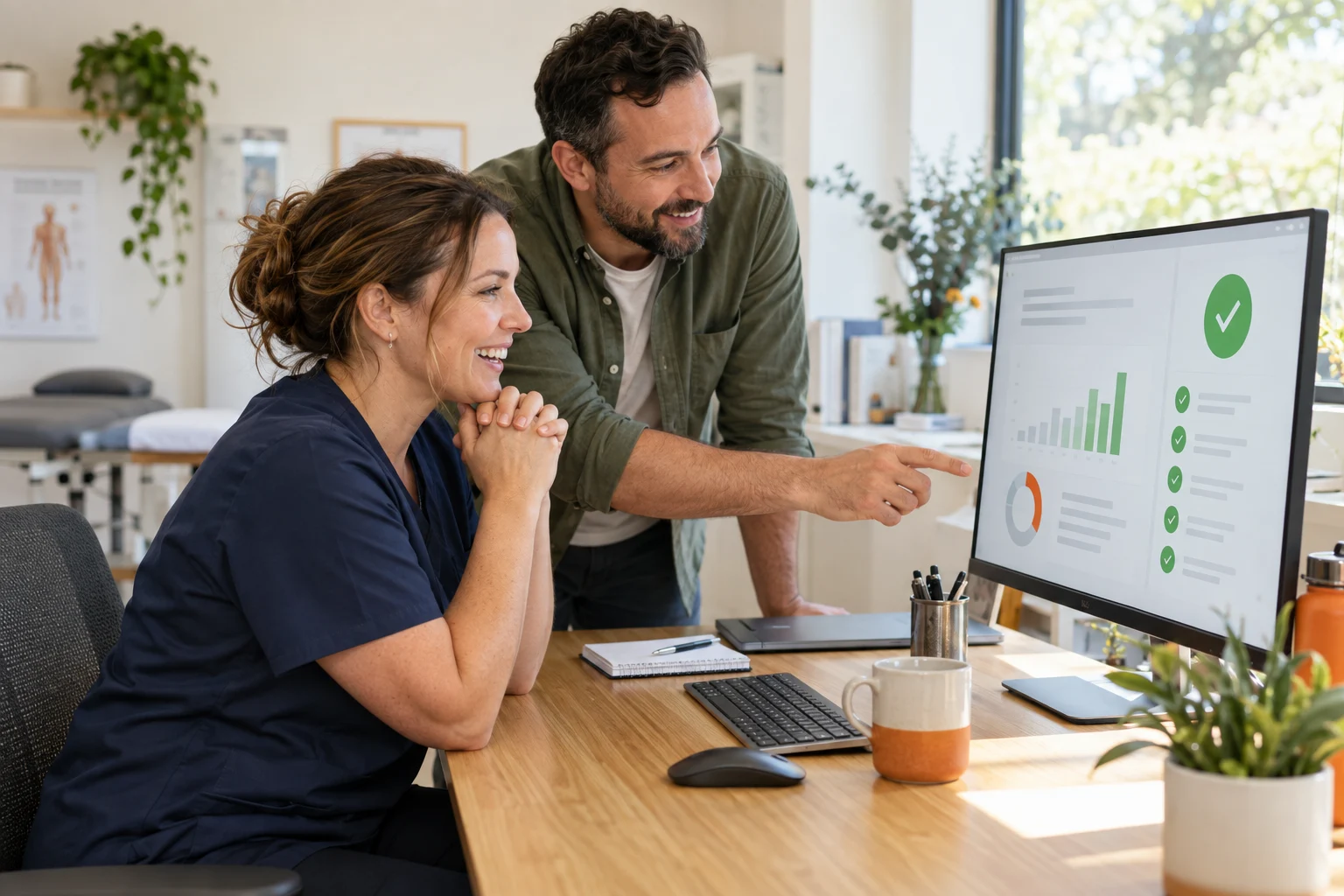 AI-generated photo showing A practice manager and a web engineer at her desk, relieved as the security checks on her cleaned website come back clear