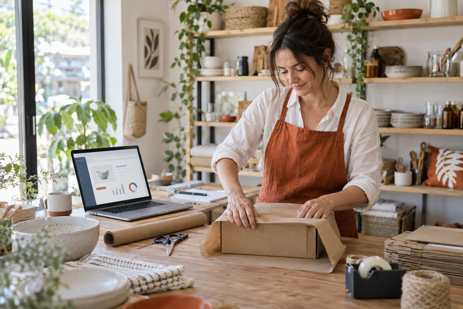 AI-generated photo showing A homewares shop owner wrapping an order, with her online shop open on the laptop beside her