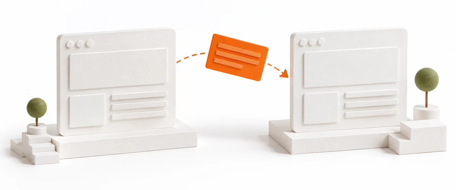 AI-generated model: two white website frames side by side, staging and live, with an orange update card passing from one to the other
