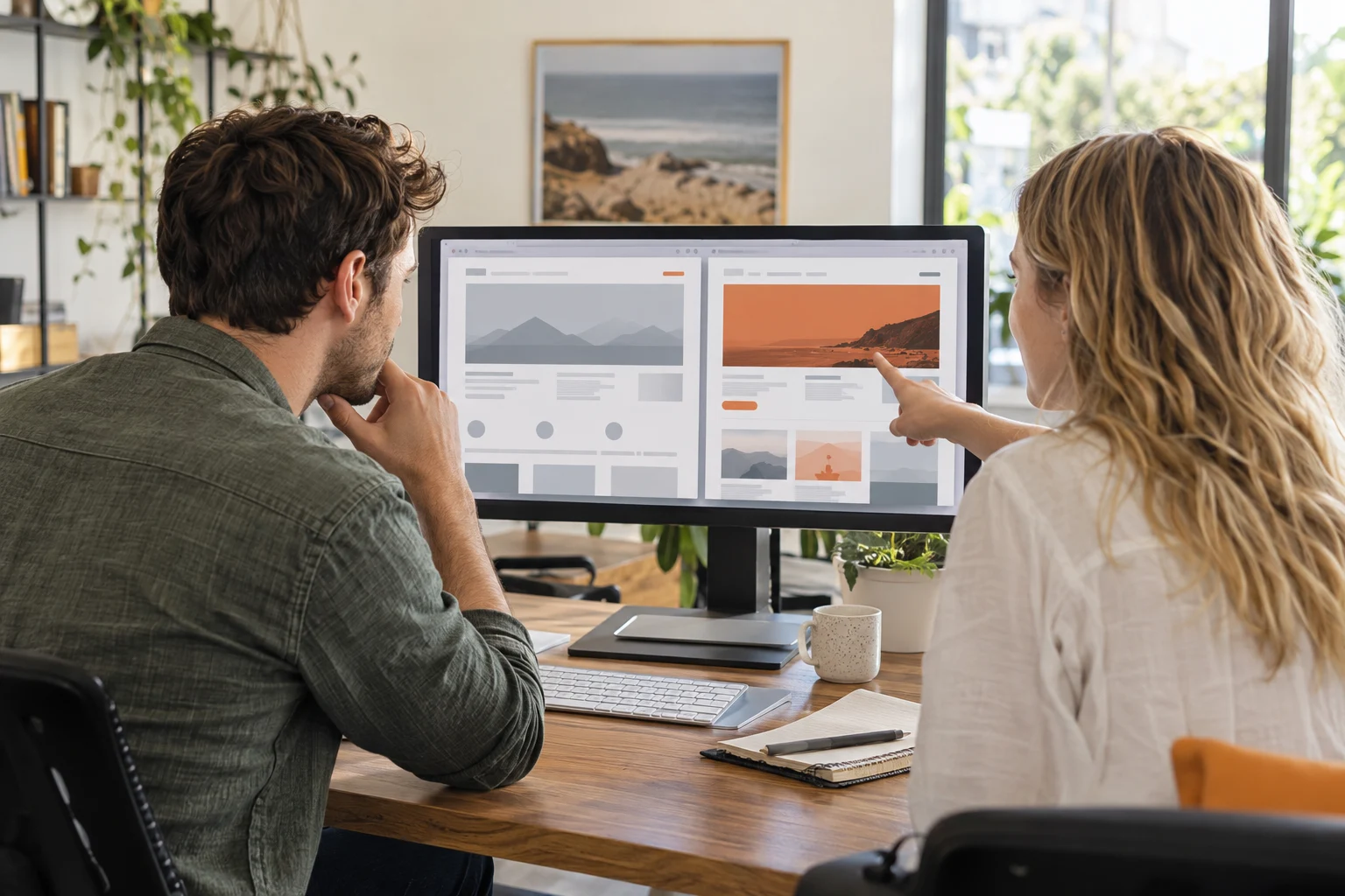AI-generated photo showing Two web developers comparing the staging and live versions of a client website side by side on one monitor
