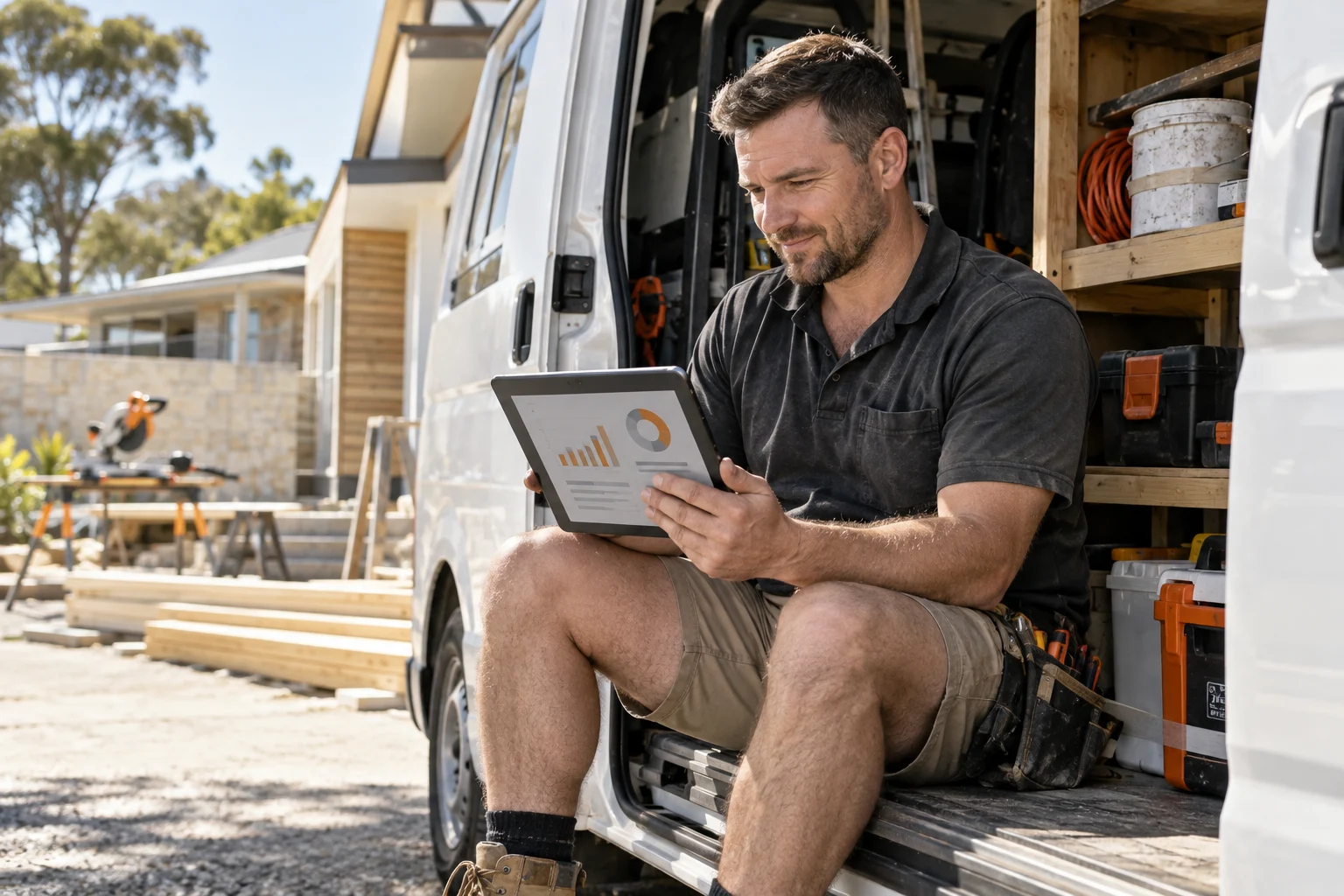 AI-generated photo showing A tradesman sitting in the side door of his work van, reading his monthly website report on a tablet