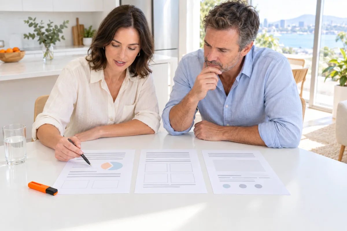 Two Adelaide business partners at their kitchen table comparing three printed proposals side by side before choosing a provider