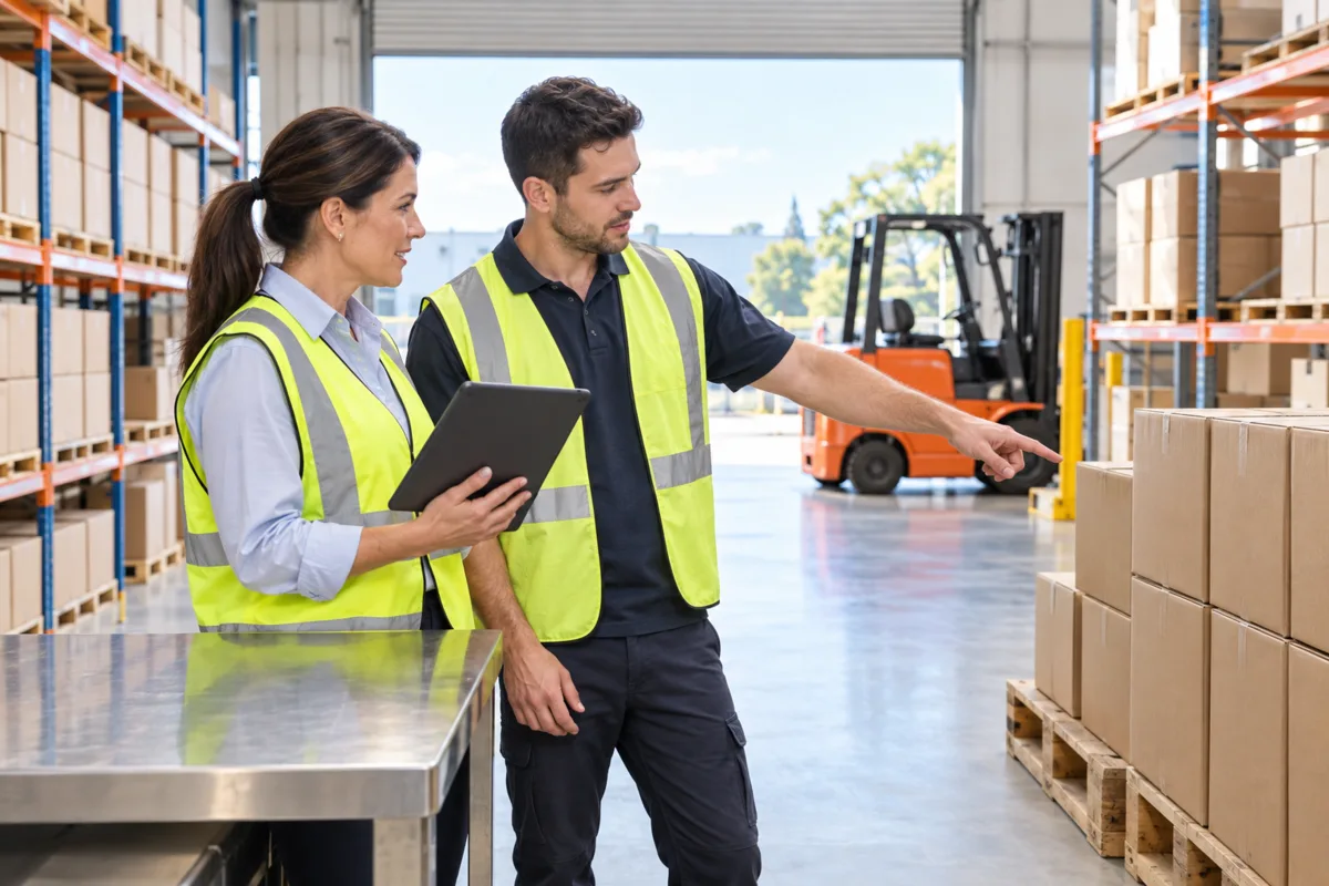 An operations manager with a tablet and a warehouse worker check a pallet of plain cartons in a light-industrial warehouse in Dandenong South, Melbourne