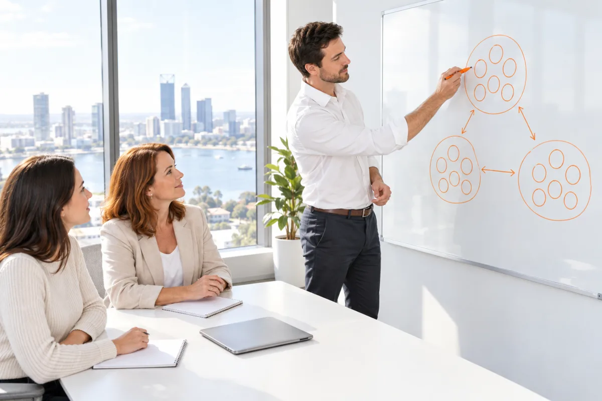 A FactoryJet SEO strategist in a Perth meeting room draws three clusters of search terms on a whiteboard while a business owner and her marketing coordinator watch