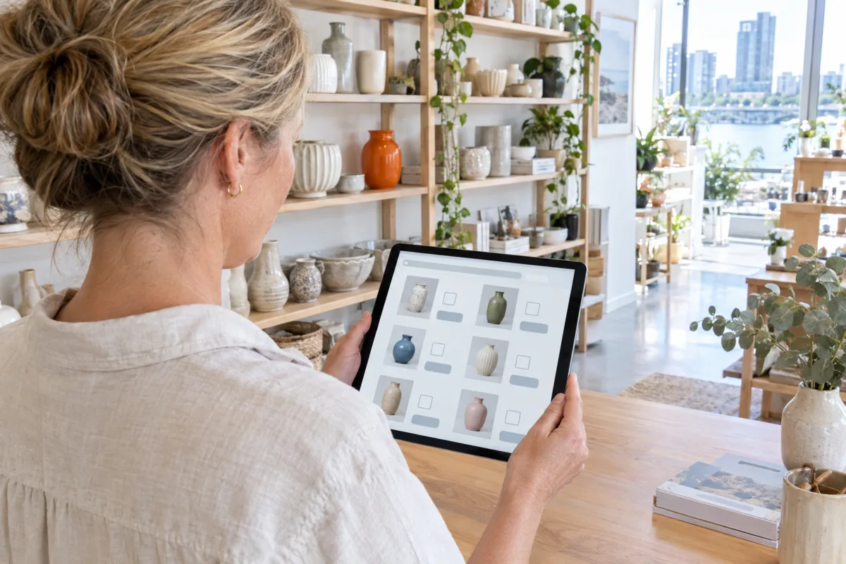 Shop owner at her counter placing a repeat wholesale order for ceramic vases on a tablet, using her supplier's trade portal