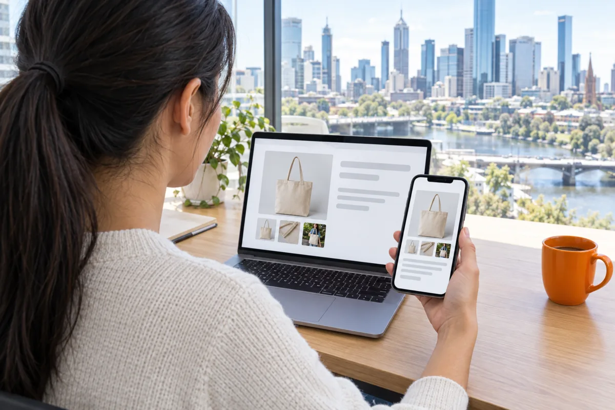 Over-the-shoulder view of a Shopify developer in a Melbourne office checking a product page on her phone against the desktop version on her laptop
