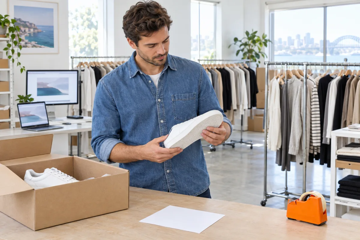 A team member at a Sydney online fashion store inspecting a returned pair of white sneakers at the returns bench before processing the refund