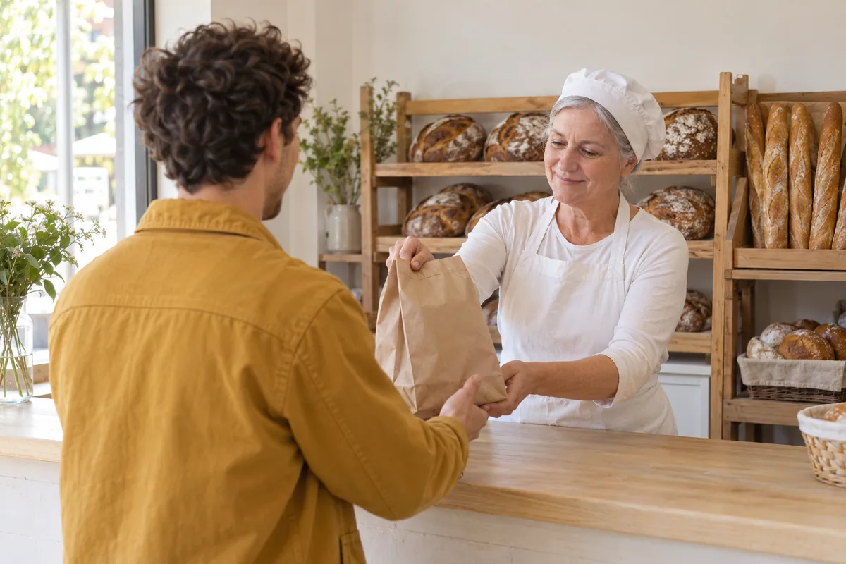 A baker in a white apron and cap hands a brown paper bag across a timber counter to a customer in a mustard jacket, with loaves of bread on wooden racks behind her