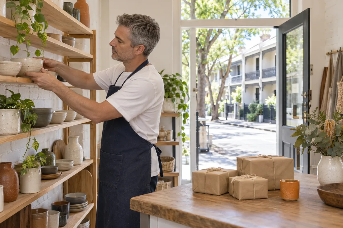 A man in a navy apron arranges handmade ceramic bowls on a timber shelf in a small sunlit shop, with three parcels wrapped in brown paper on the counter and a street of terrace houses outside the open door