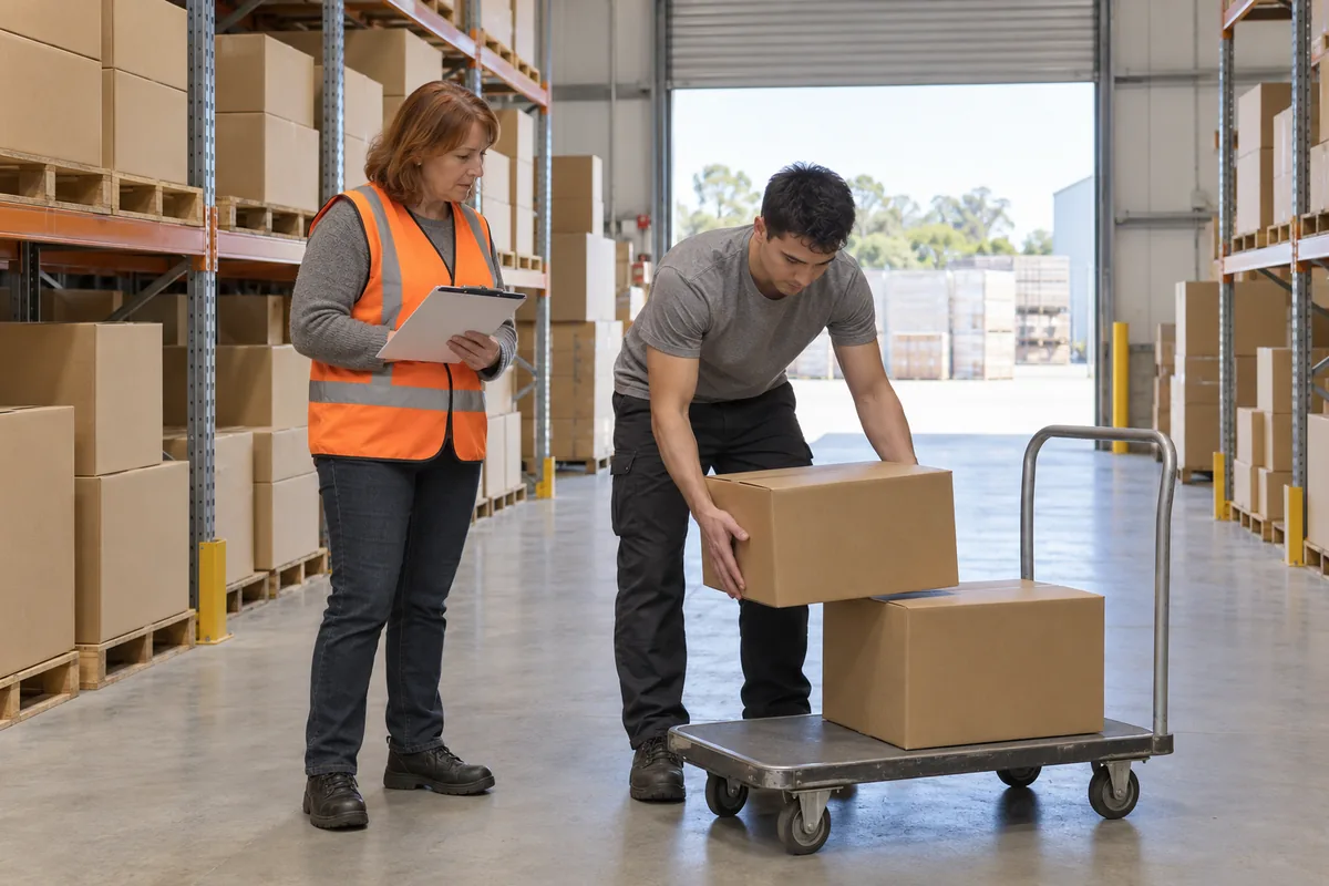 A woman in an orange high-visibility vest holds a clipboard while a man in a grey t-shirt lifts a plain carton onto a trolley in a warehouse with tall racking and an open roller door