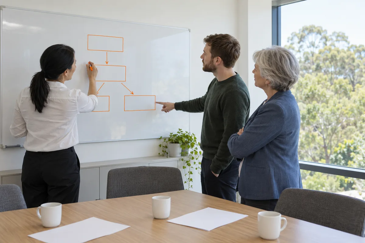 A woman in a white shirt draws empty boxes joined by arrows on a whiteboard with an orange marker while a man in a green jumper points at one box and a woman in a blue blazer watches