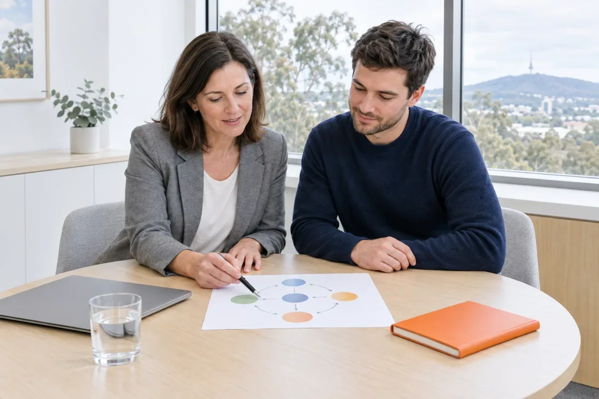 AI-generated photo showing Two colleagues in a Canberra meeting room reviewing a printed data flow diagram before an AI agent is built