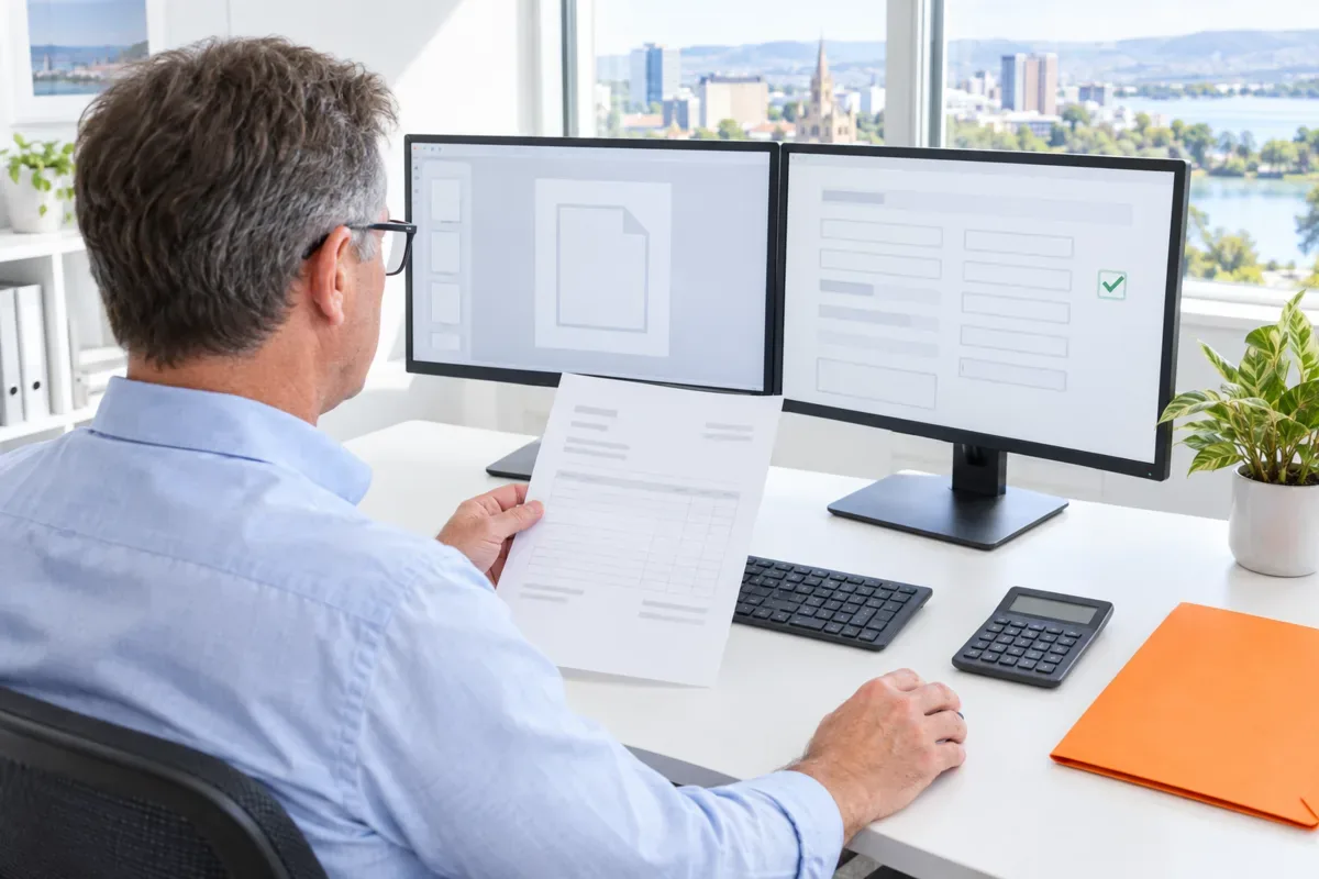 AI-generated photo showing An Adelaide bookkeeper comparing a paper supplier invoice with the draft bill an AI agent prepared on his second monitor
