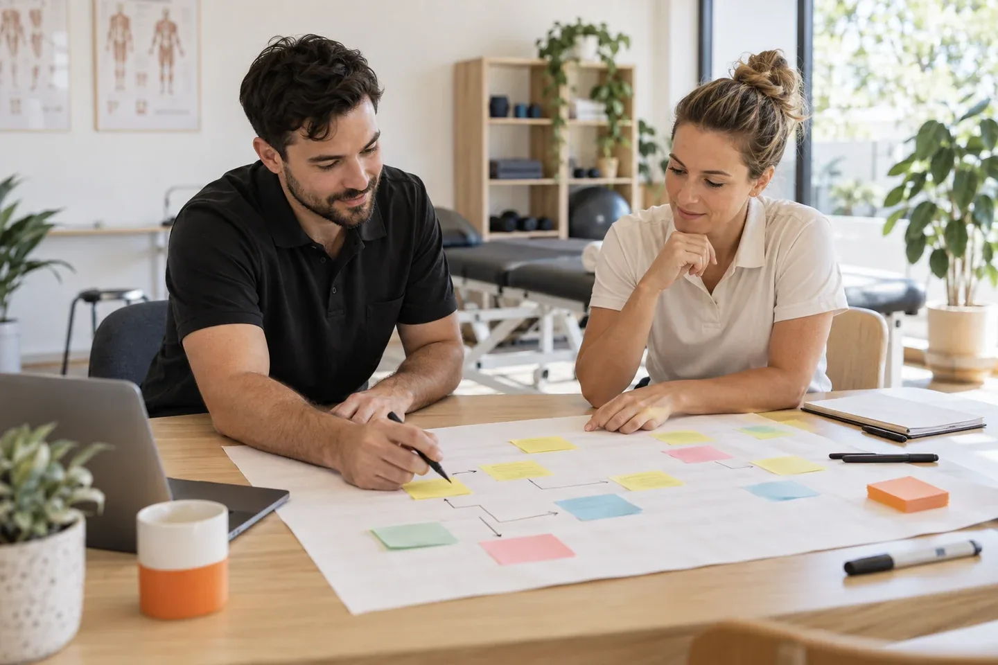 AI-generated photo showing A FactoryJet engineer and a physiotherapy clinic owner mapping her booking process with sticky notes on a large sheet of paper