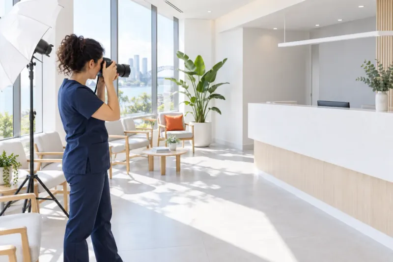 AI-generated illustrative scene: A Sydney dentist in navy scrubs photographing her practice’s bright waiting room for the new website, with a softbox light beside her