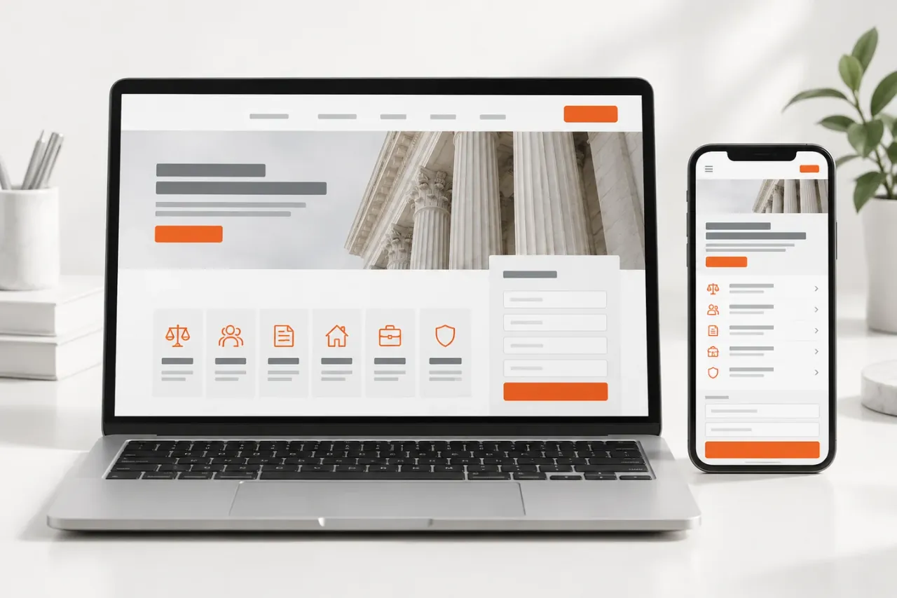 AI-generated mockup showing Mockup: a law firm website on a laptop and a phone side by side, practice-area menu and a short enquiry form visible, placeholder text only, no real firm name