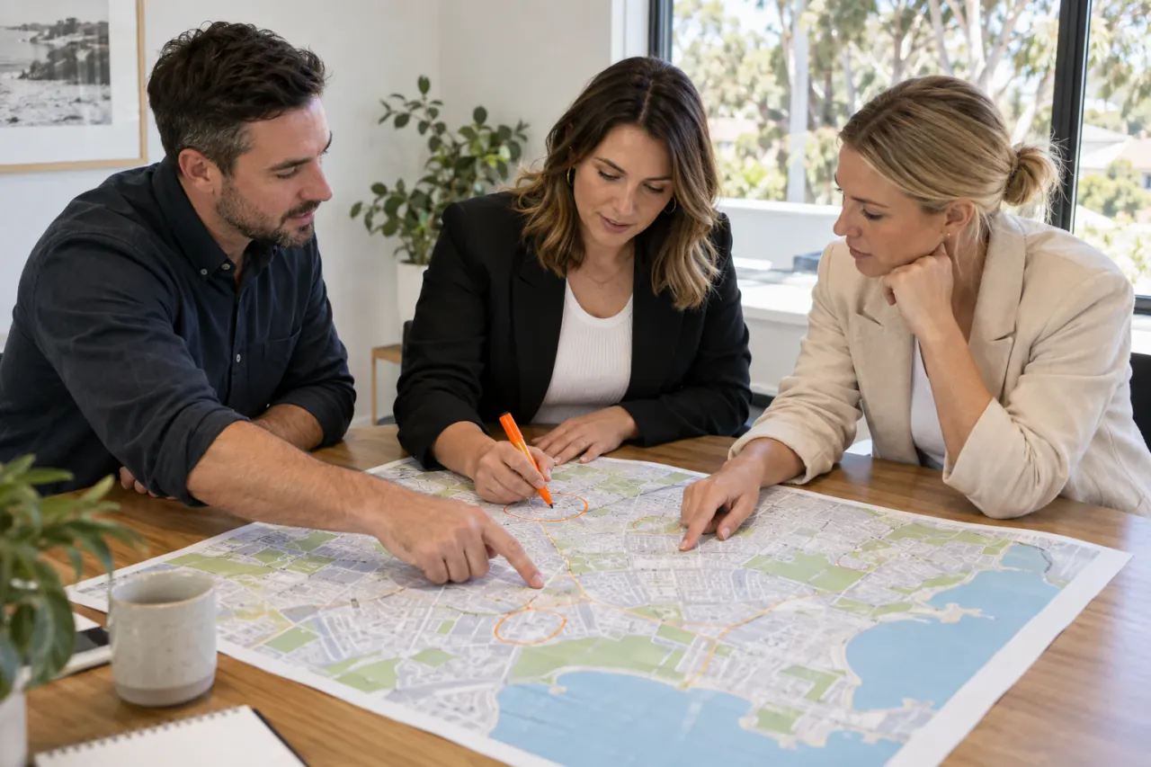 AI-generated photo showing A FactoryJet web strategist and two agents from an Australian agency marking up a printed suburb map at a meeting table, planning which suburb pages to build