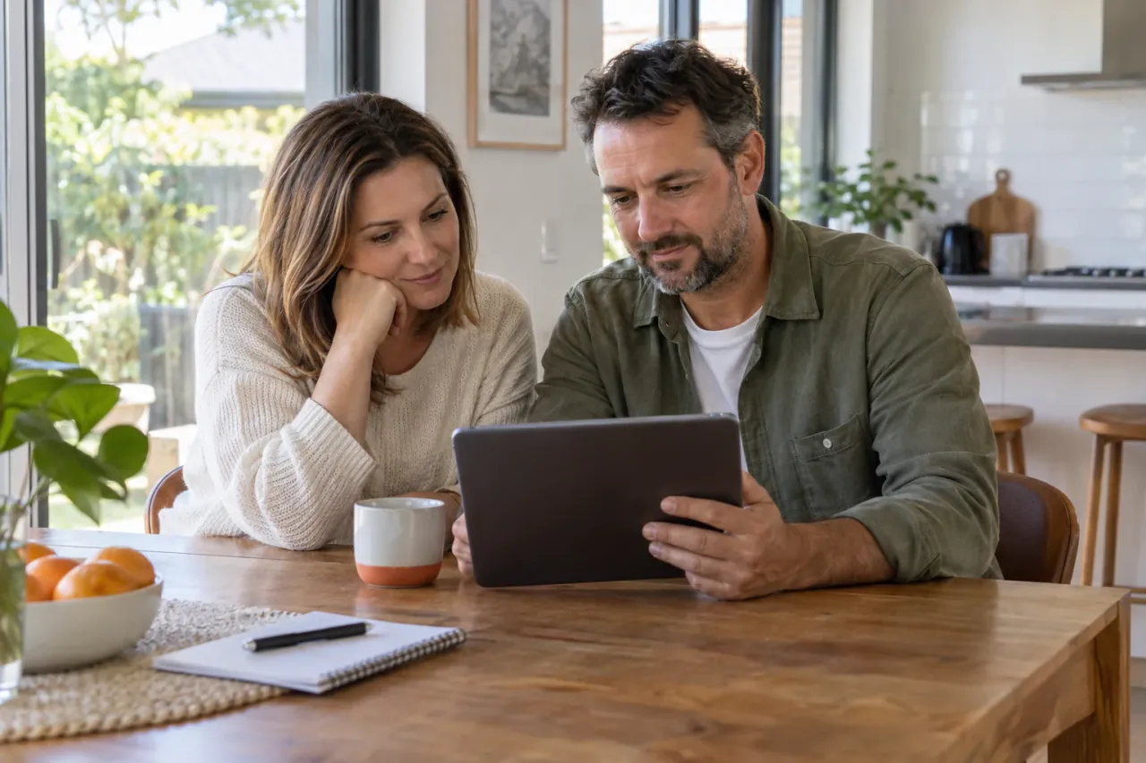 AI-generated photo showing A homeowner couple at their kitchen table in an Australian suburb looking at a local agent's website on a tablet before booking an appraisal, tablet screen facing them