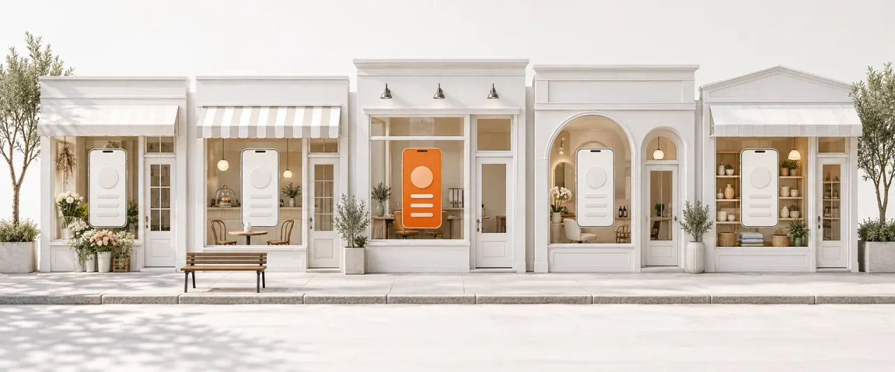 AI-generated model: a row of five small white shopfront models along a street, each with a phone-sized website card in the window, one card lit in orange