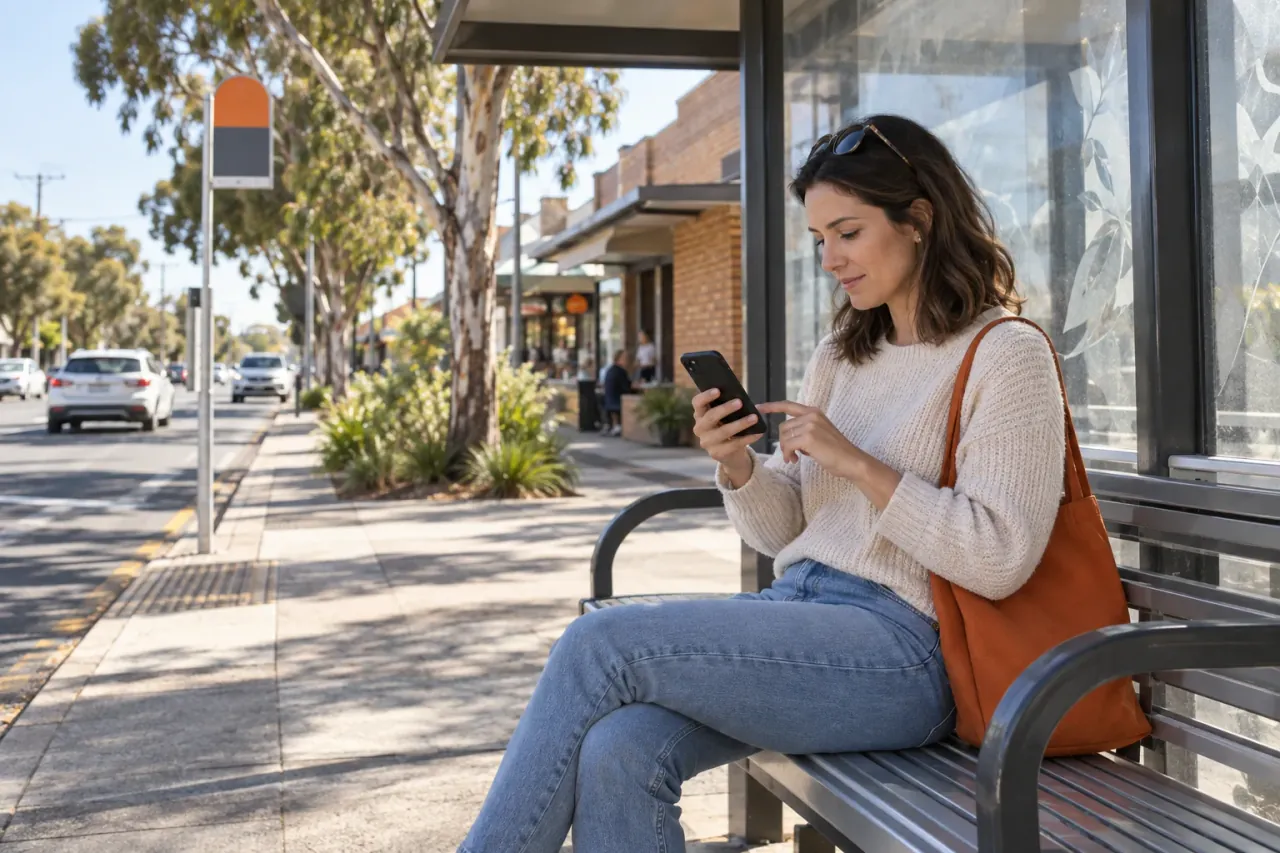 AI-generated photo showing A customer at a bus stop in an Australian suburb checking a local business website on her phone before calling, the phone screen facing her; no readable text