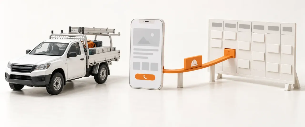 AI-generated model: a white ute and a phone showing a tradie website, with an orange job card travelling from the phone into a job schedule board